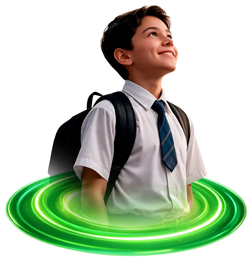 Estudiante de colegio con maleta, mirando hacia arriba