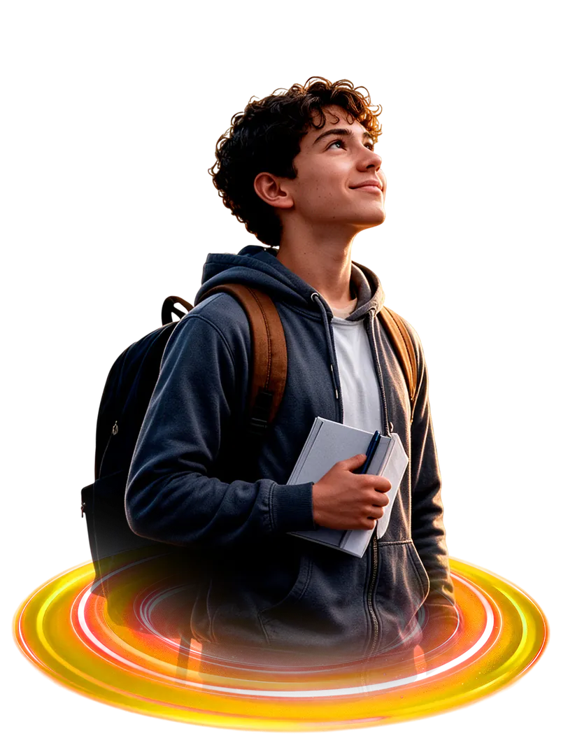 Joven con maleta y cuaderno, pensando en su futuro