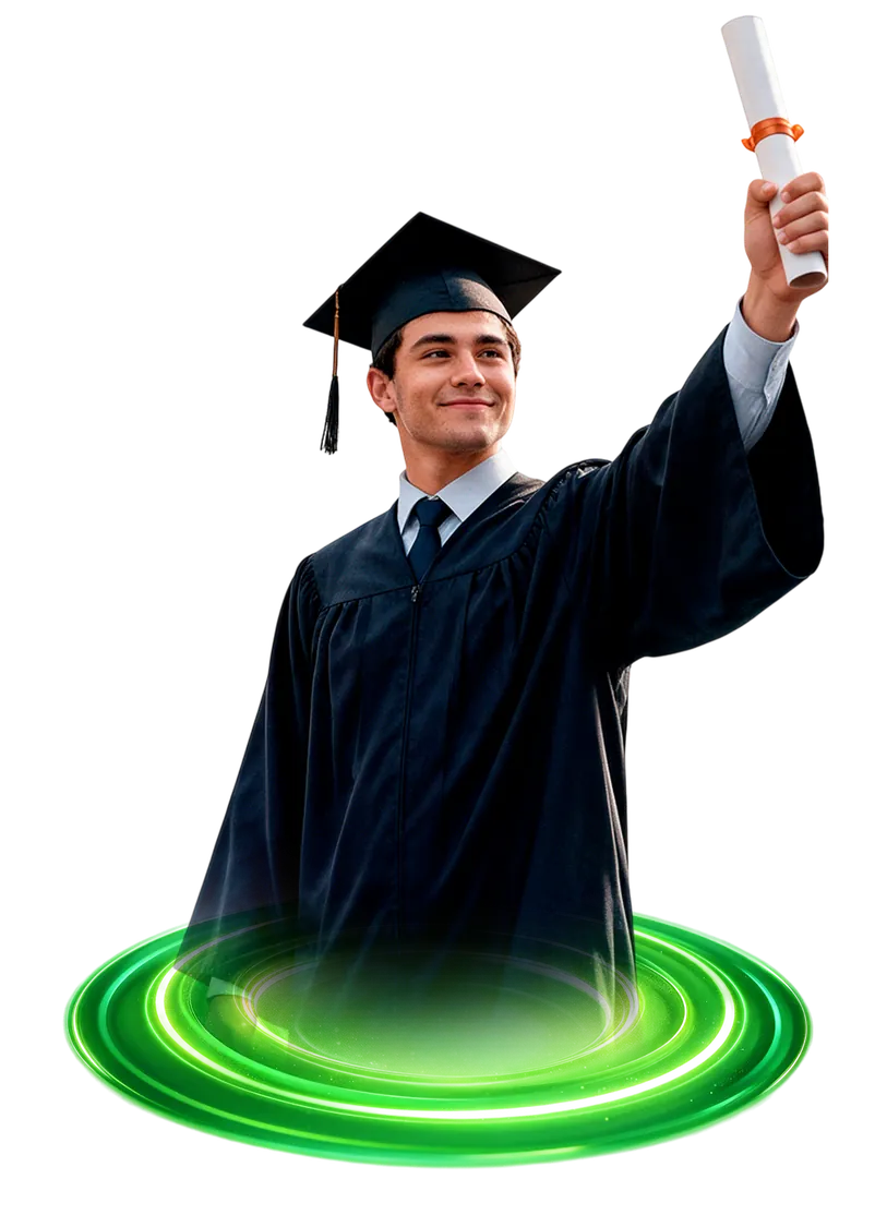 Graduado con toga y birrete levantando su diploma